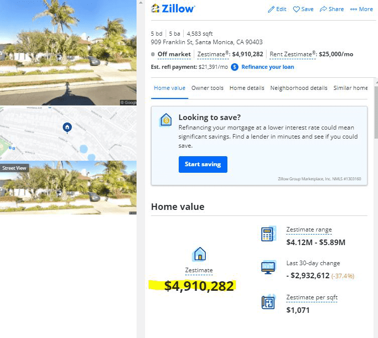 Screenshot of Zestimate, ZIllow's AI real estate valuation software
