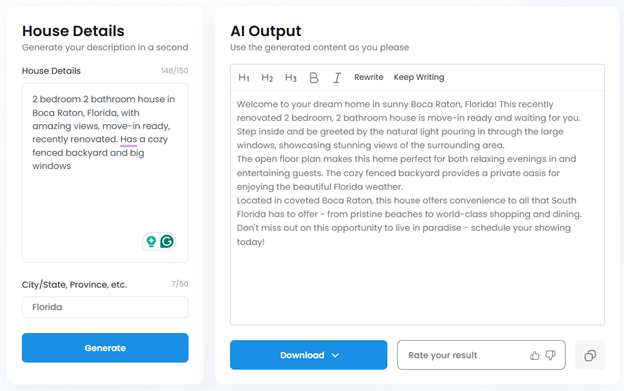 AI-generated property description | ain in real estate app development