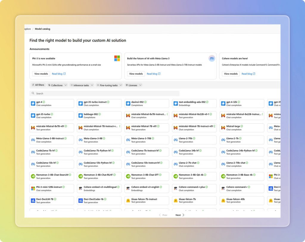 list of ai models at Microsoft Azure